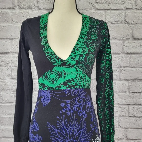 Desigual dress black green blue fit flare long sleeve dragon zebra detail Sz S - Picture 4 of 15